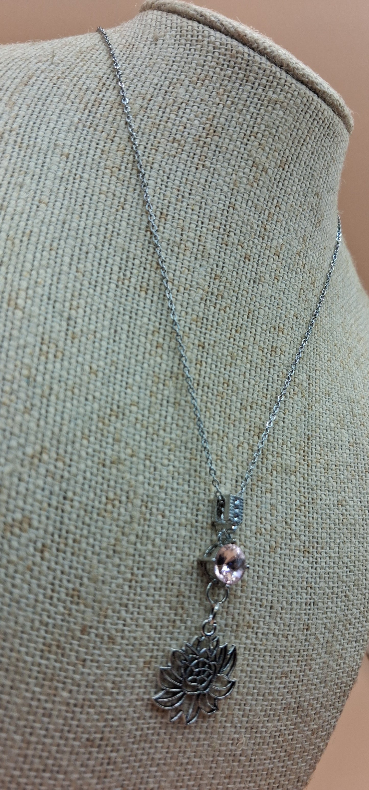 Lotus Flower Necklace with Rose Quartz Charm