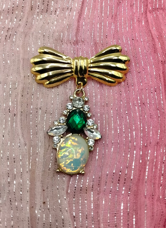 Vintage Opal & Emerald Bow Brooch