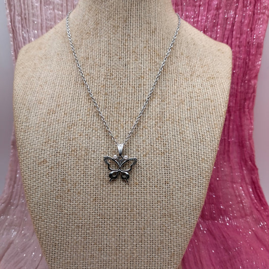 Butterfly Rhinestone Necklace - Stainless Steel with Pearl Antlers