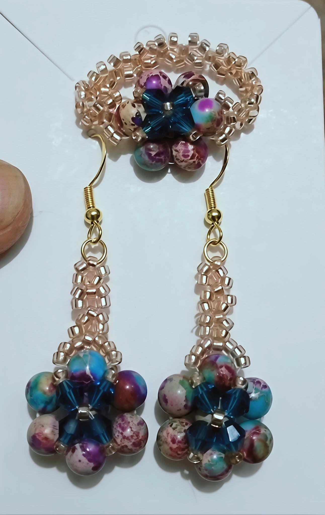 Ocean Jasper Beaded Flower Earrings & Ring Set - Gold Tone Sterling Silver