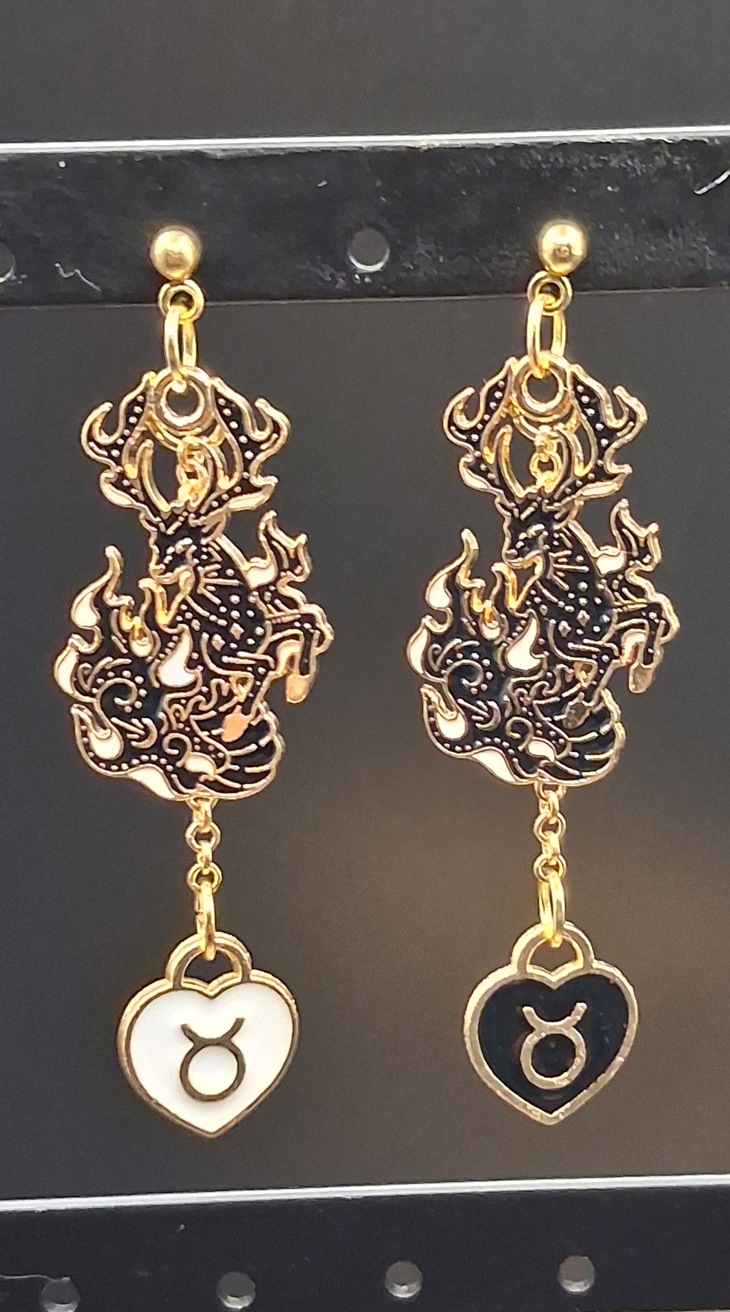 Celestial Deer Taurus Earrings - Gold Zodiac Heart Charm Drop Earrings