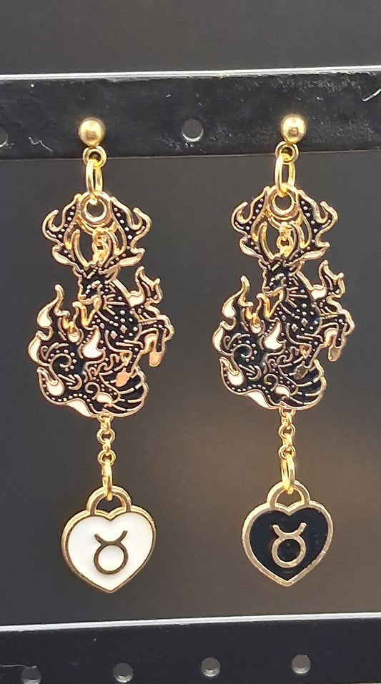 Celestial Deer Taurus Earrings - Gold Zodiac Heart Charm Drop Earrings