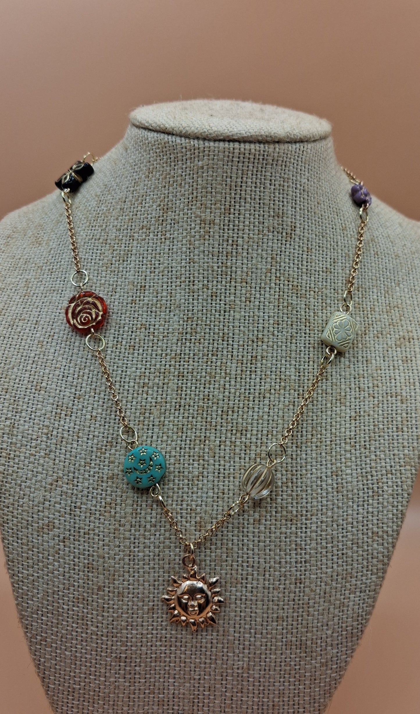 Vintage Baroque Charm Necklace - Celestial Sun & Floral Resin Beads