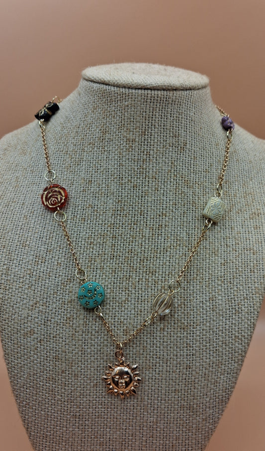 Vintage Baroque Charm Necklace - Celestial Sun & Floral Resin Beads