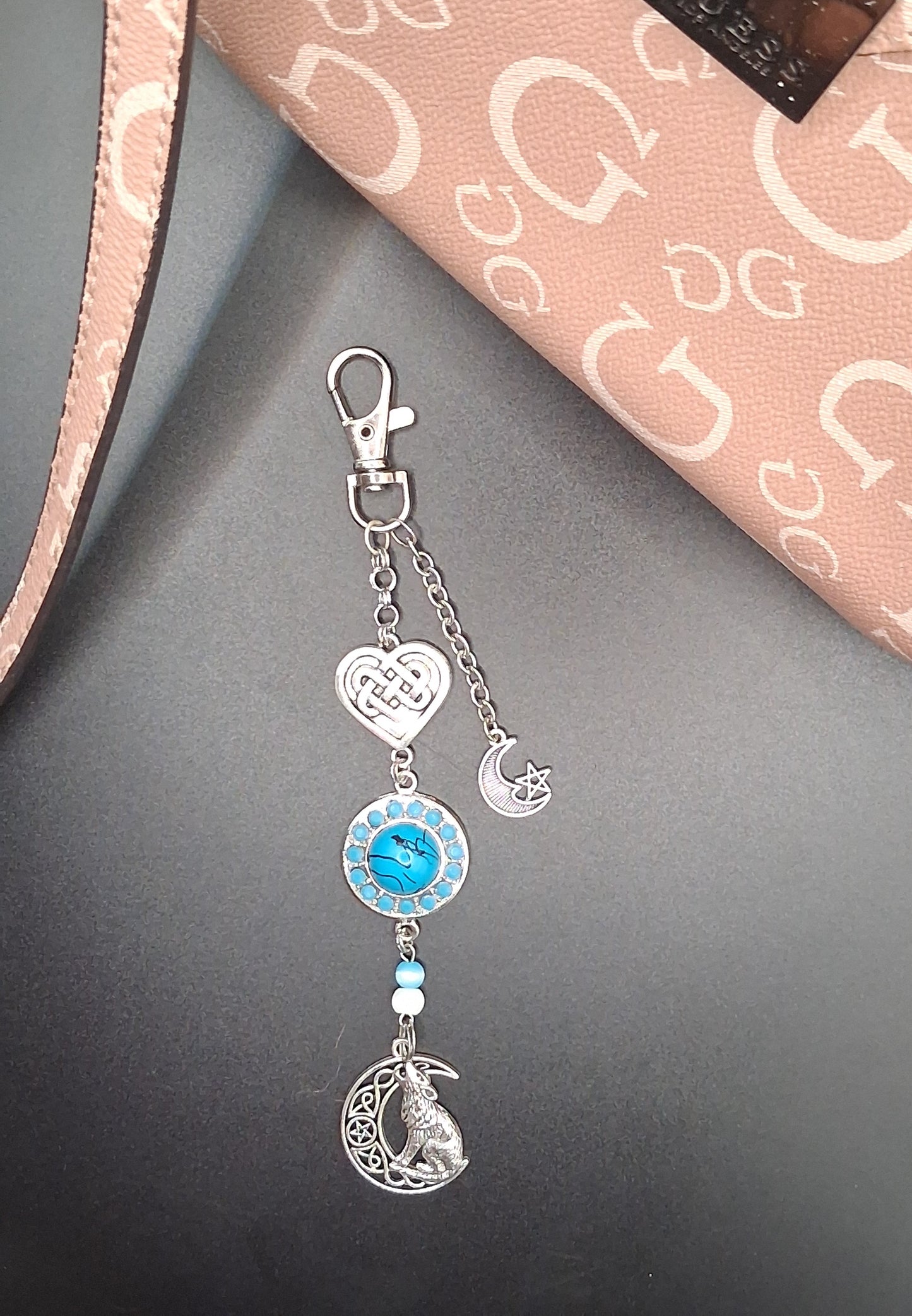 Celestial Wolf & Moon Keychain - Faux Turquoise Charm