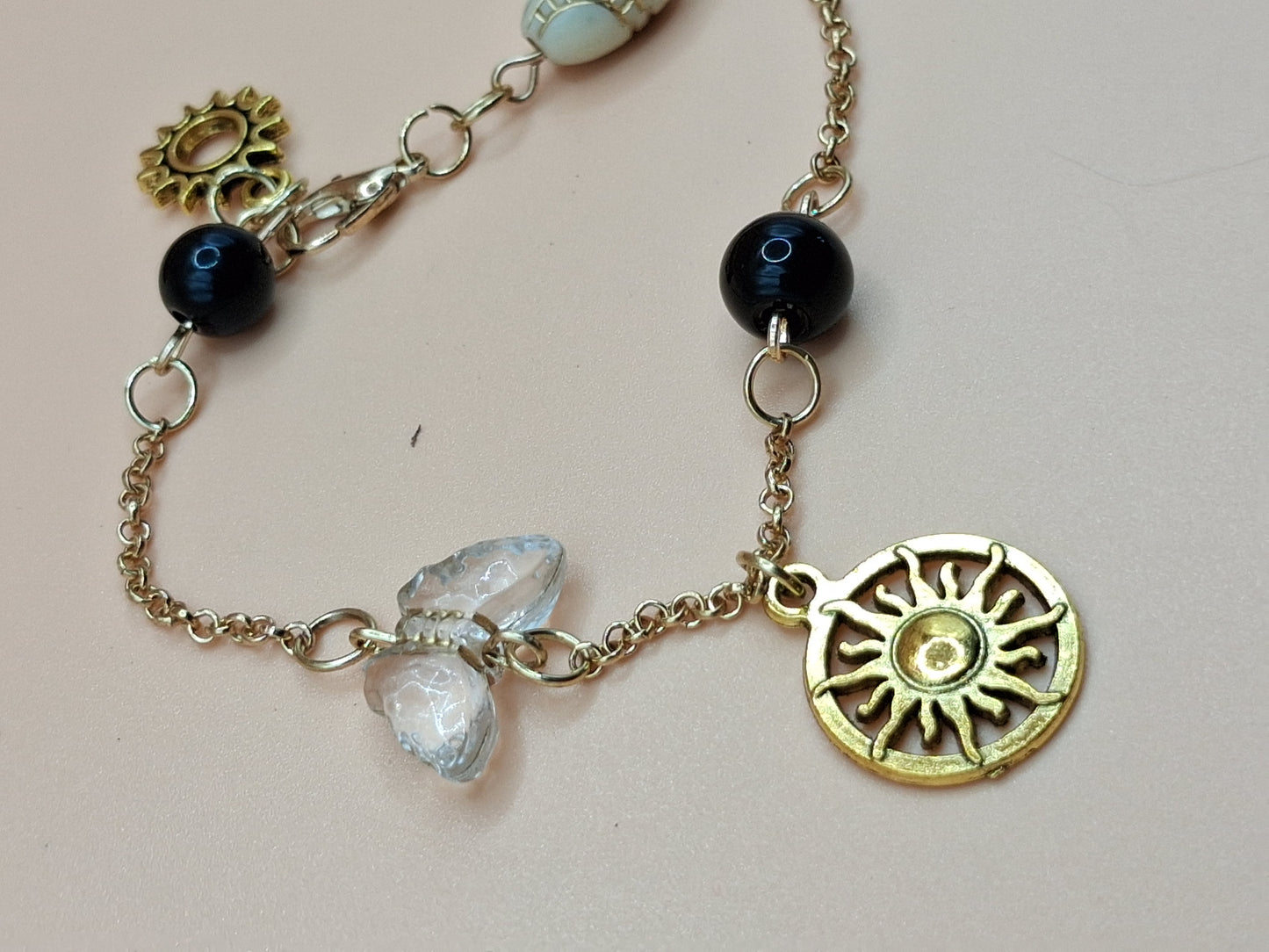 Celestial Sun Charm Bracelet - Vintage Inspired with Black beads & Baroque Resin Beads