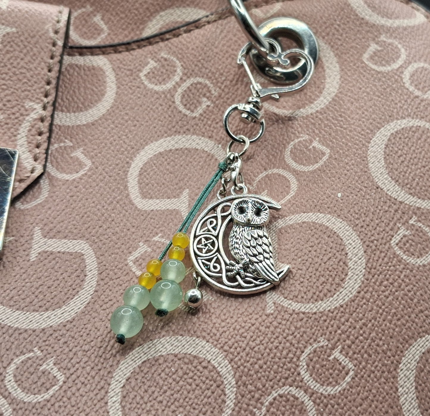 Celestial Owl Moon Keychain with Aventurine & Citrine Beads