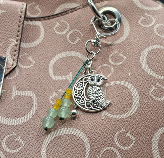Celestial Owl Moon Keychain with Aventurine & Citrine Beads