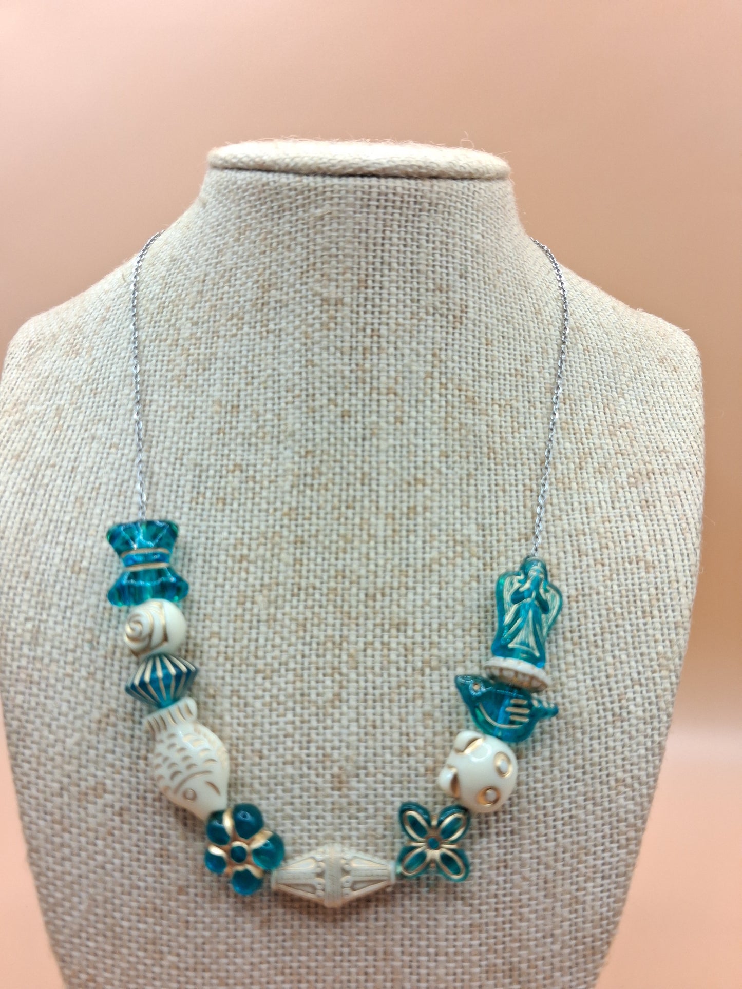 Vintage-Inspired Baroque Blue & White Resin Bead Necklace - with gold Detailing