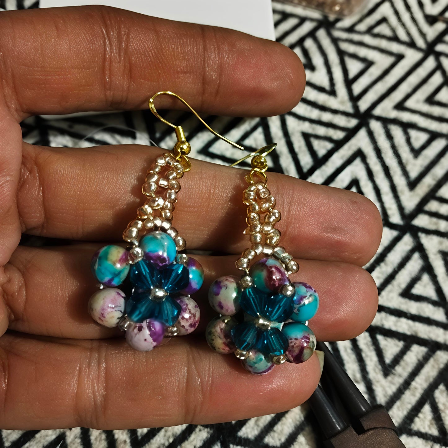 Ocean Jasper Beaded Flower Earrings & Ring Set - Gold Tone Sterling Silver