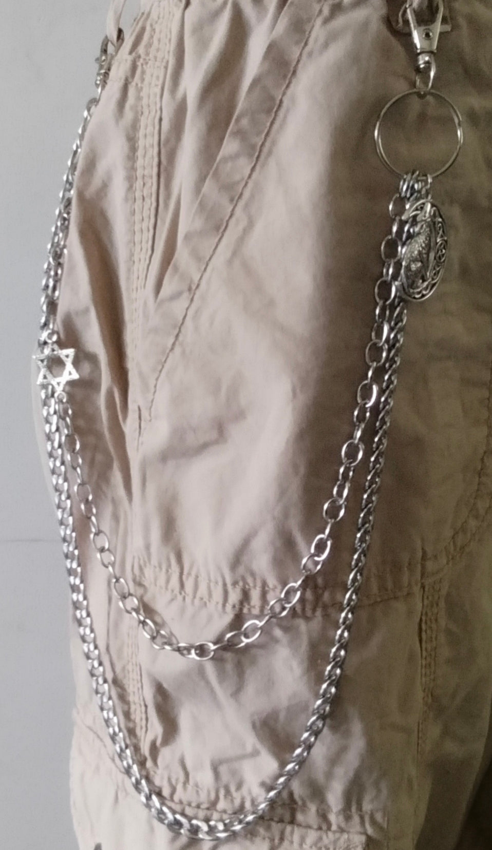 Celtic Wolf Moon Pocket Chain with Star of David - Stainless Steel