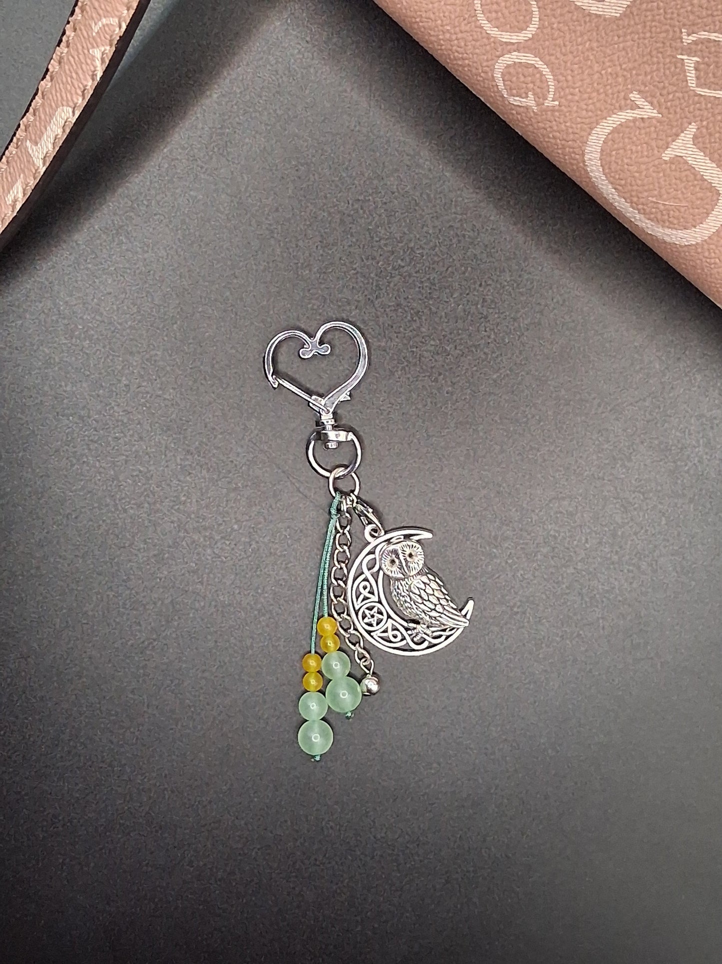 Celestial Owl Moon Keychain with Aventurine & Citrine Beads