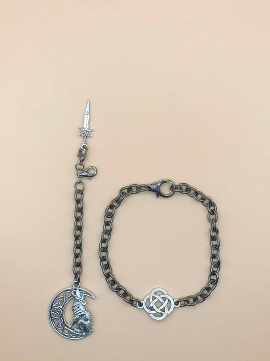 Celtic Wolf & Moon keychain & Celtic Bracelet Set