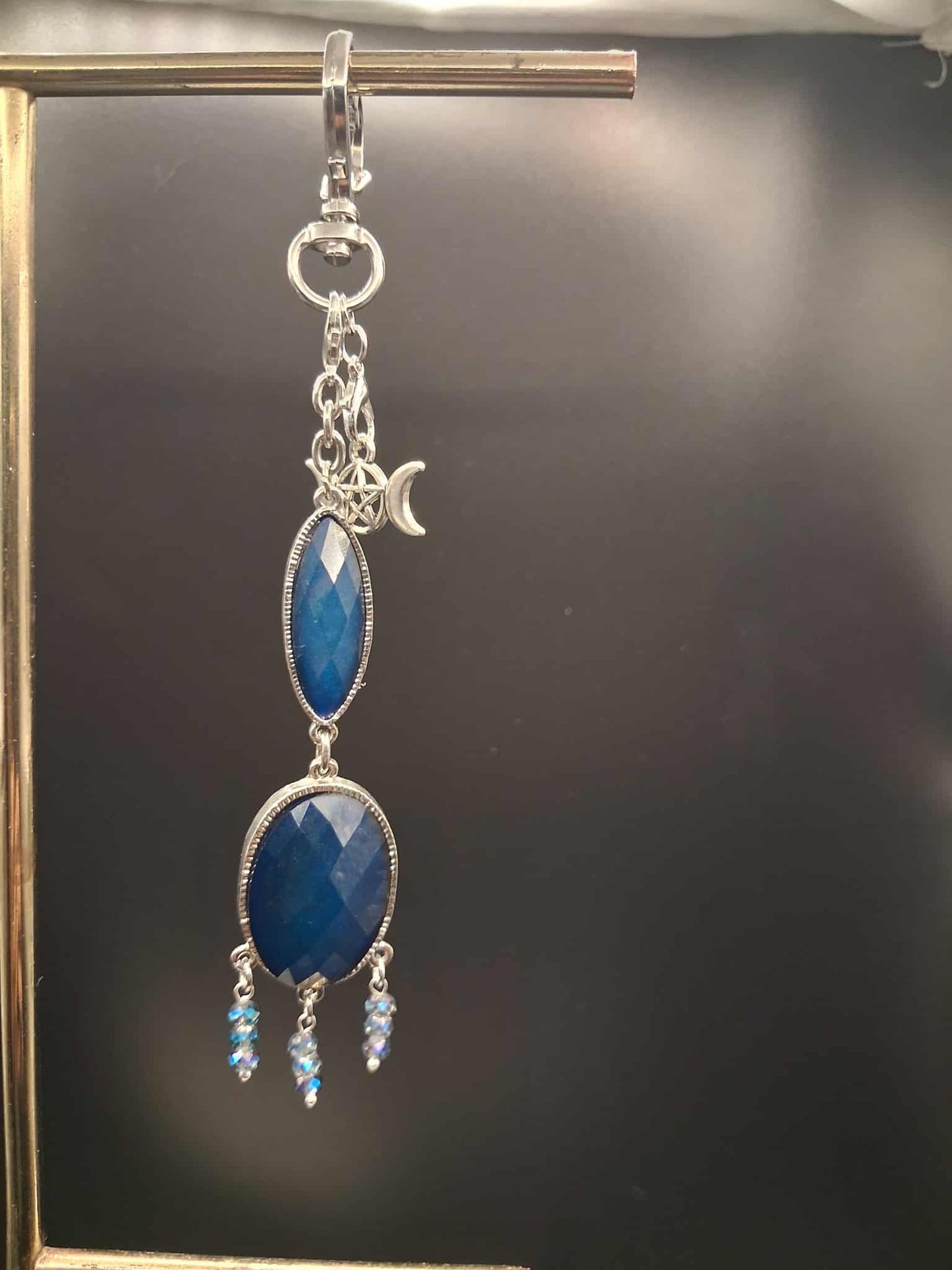 Celestial Blue Gemstone Keyring - Mystical Moon & Star Charm
